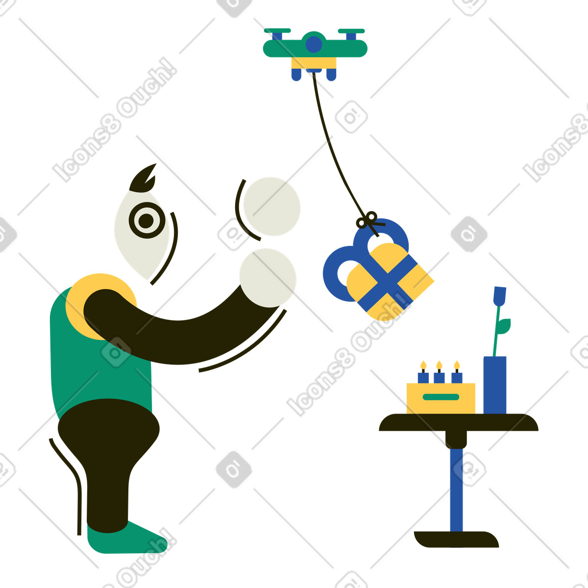 Illustration Homme recevant un cadeau d'anniversaire livré par drone dans le style Spot à télécharger aux formats PNG, SVG