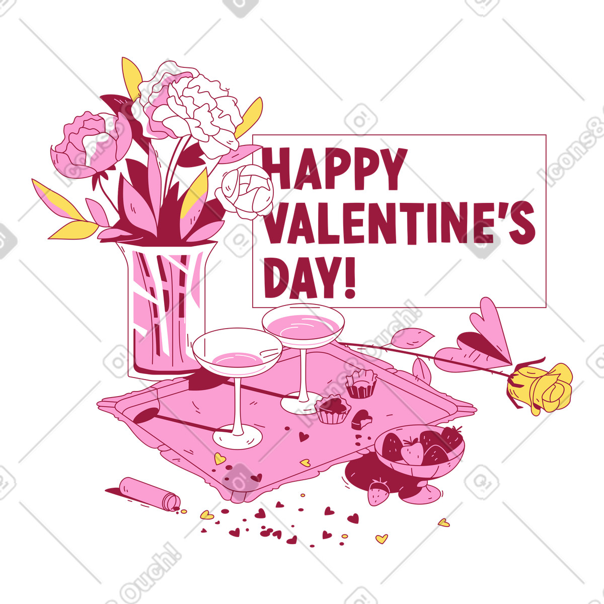 Schreiben sie einen fr&ouml;hlichen valentinstag mit champagnergl&auml;sern und blumen in der vase-Illustration im Storyline-Stil als Download in PNG, SVG