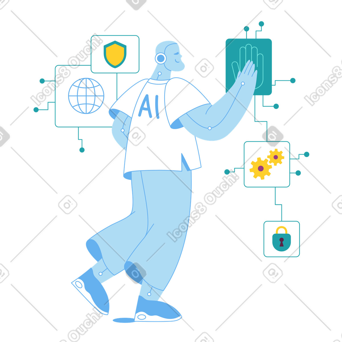 Ilustración Robot accessing digital security panel, AI cybersecurity system en estilo Sammy a descargar en PNG y SVG