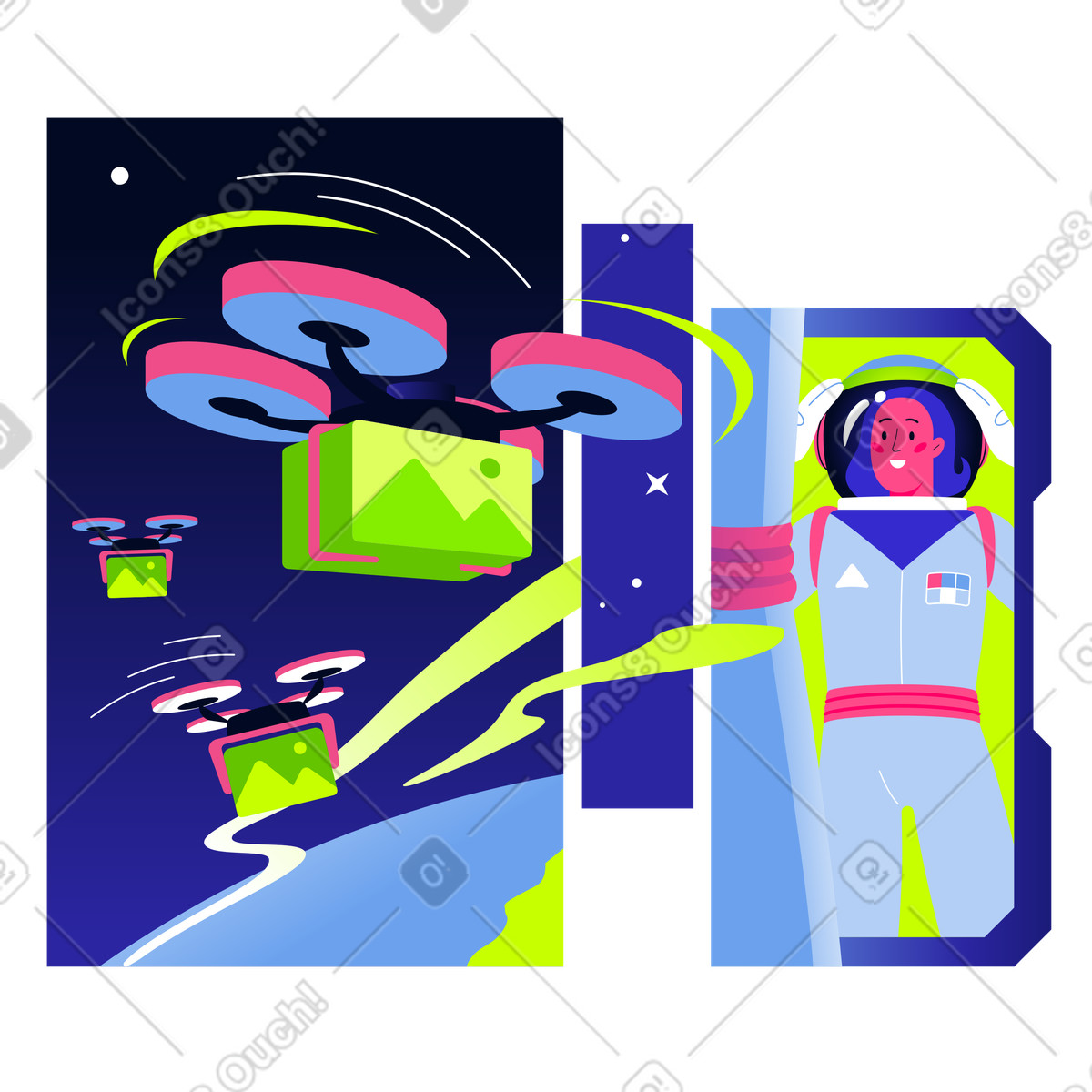 L'astronauta femminile guarda fuori dalla finestra mentre si avvicina ai droni per le consegne illustrazione in stile Space scarica in PNG, SVG