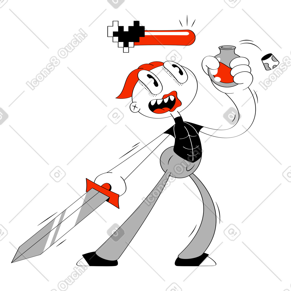 Ilustración Personaje del juego bebiendo elixir de recuperación salud en estilo Looney a descargar en PNG y SVG
