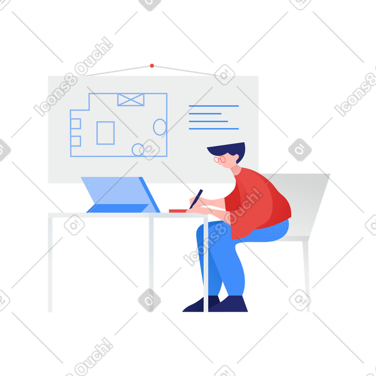 Illustration Designer dessine un dessin de l'appartement sur une tablette graphique dans le style Clip à télécharger aux formats PNG, SVG