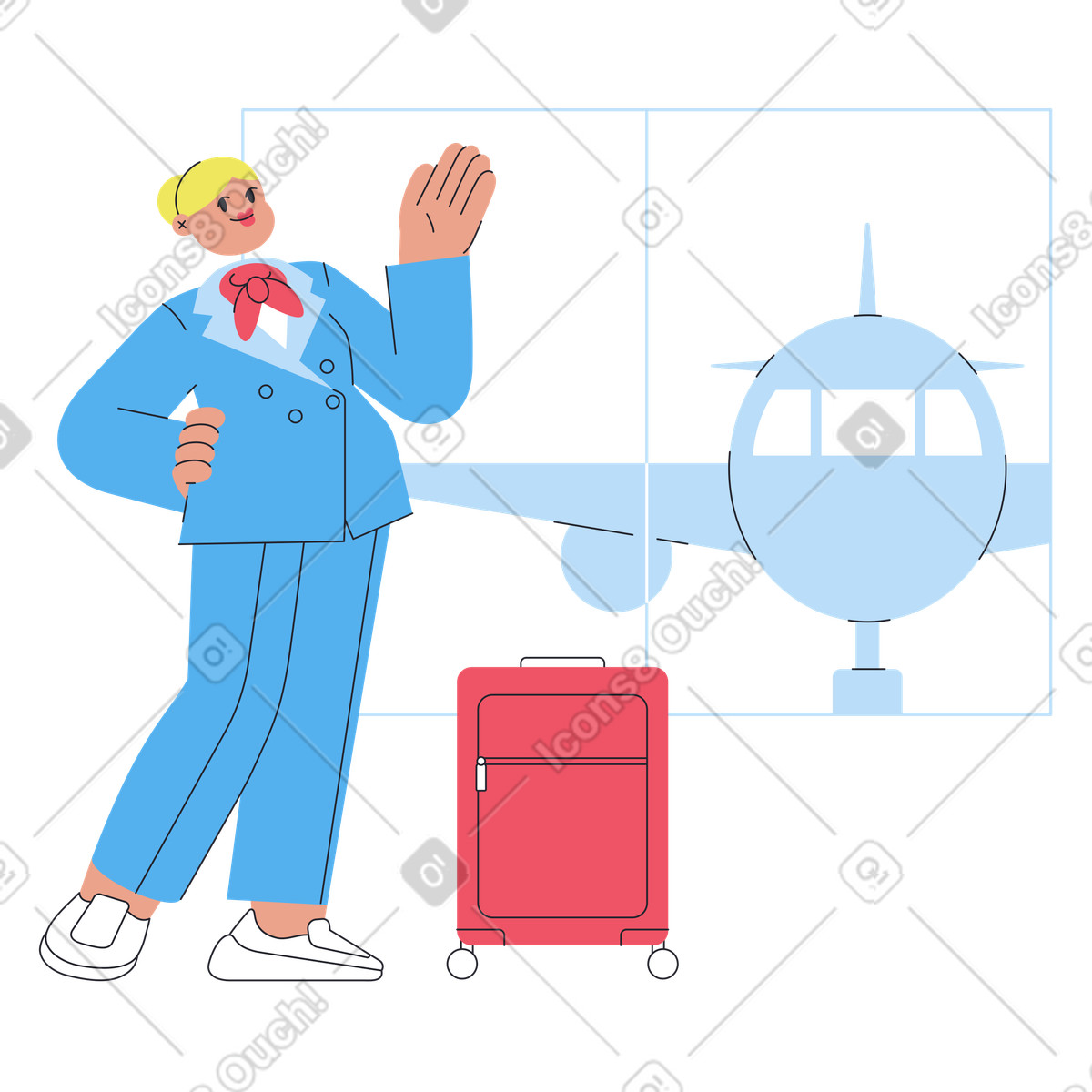 Assistente di volo con bagaglio in aeroporto illustrazione stile Boba scarica PNG, SVG