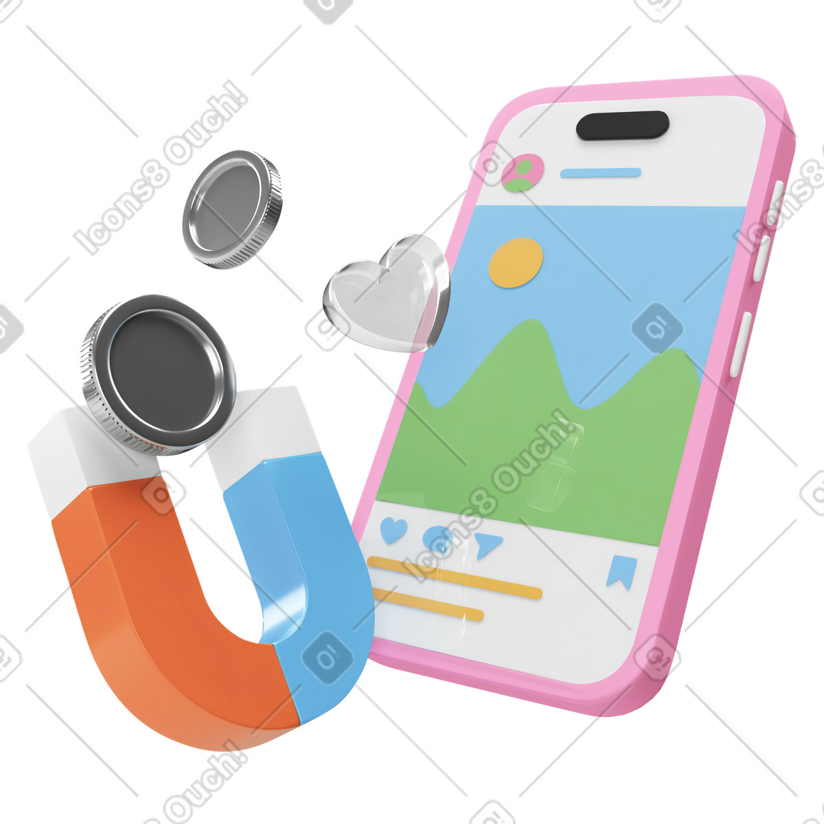 Illustration Social post and coins with magnet, Content creator revenue dans le style 3D Corporate à télécharger aux formats PNG, SVG