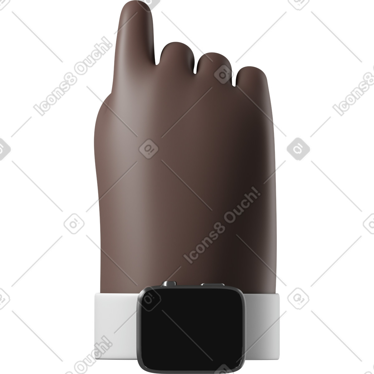 下载 3D Hands Fun&Wild 风格的 黑色皮肤手的后视图，智能手表已关闭，指向上方 插画，支持 PNG、SVG 格式