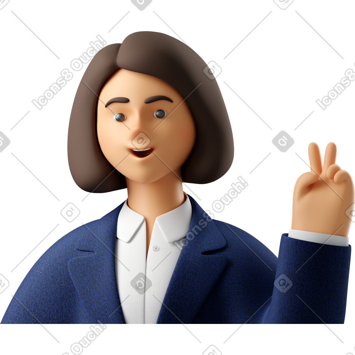 3D Business スタイルの Close up of businesswoman in blue suit with peace sign hand のイラストをPNG、SVG形式でダウンロード