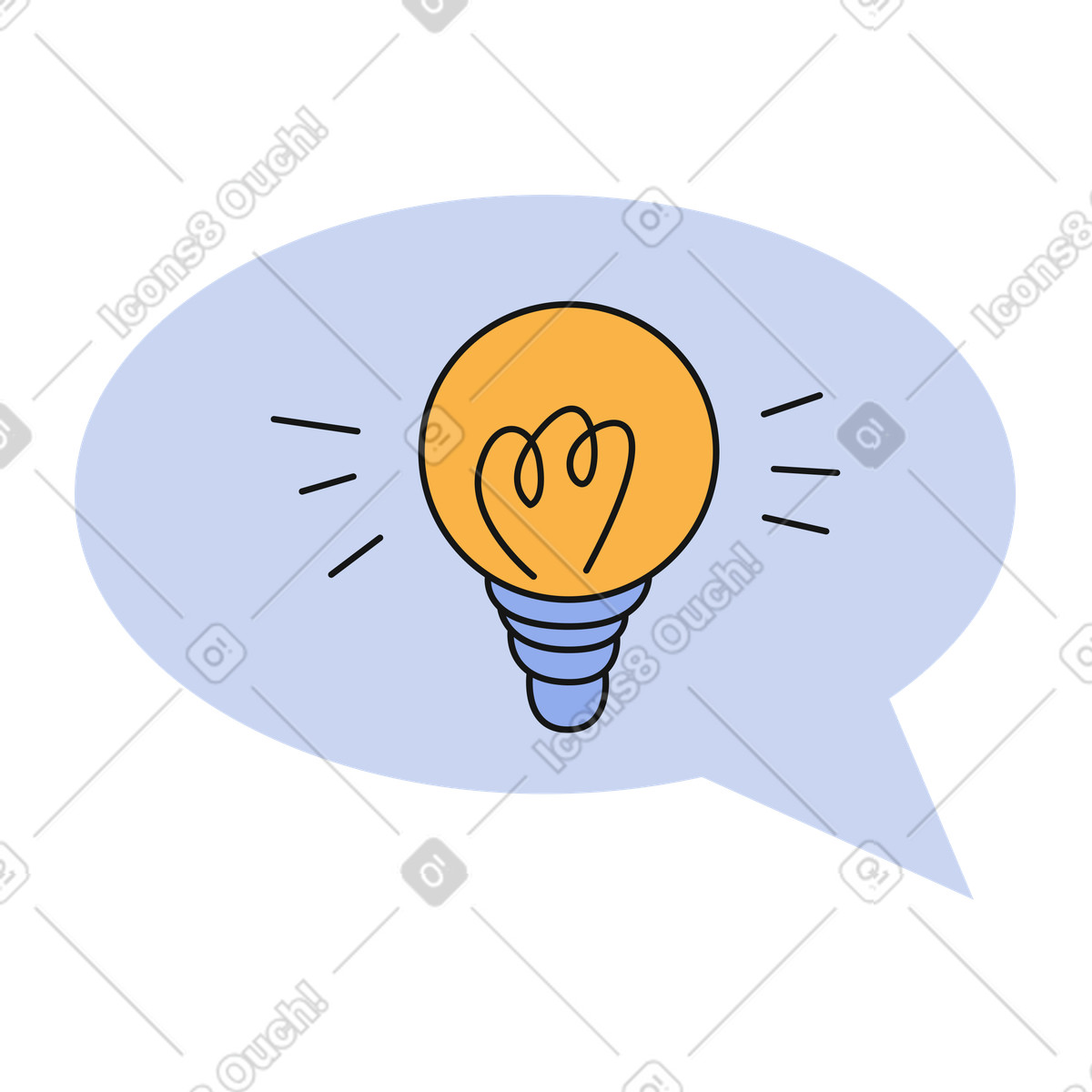 Illustration animée La bulle droite avec ampoule apparaît et s'allume dans le style Bloom à télécharger aux formats GIF, Lottie (JSON), AE