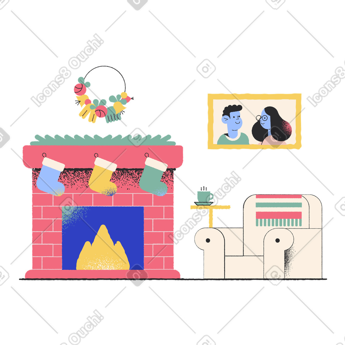 Pablo スタイルの Fireplace with stockings and wreath, Cozy Christmas living room のイラストをPNG、SVG形式でダウンロード