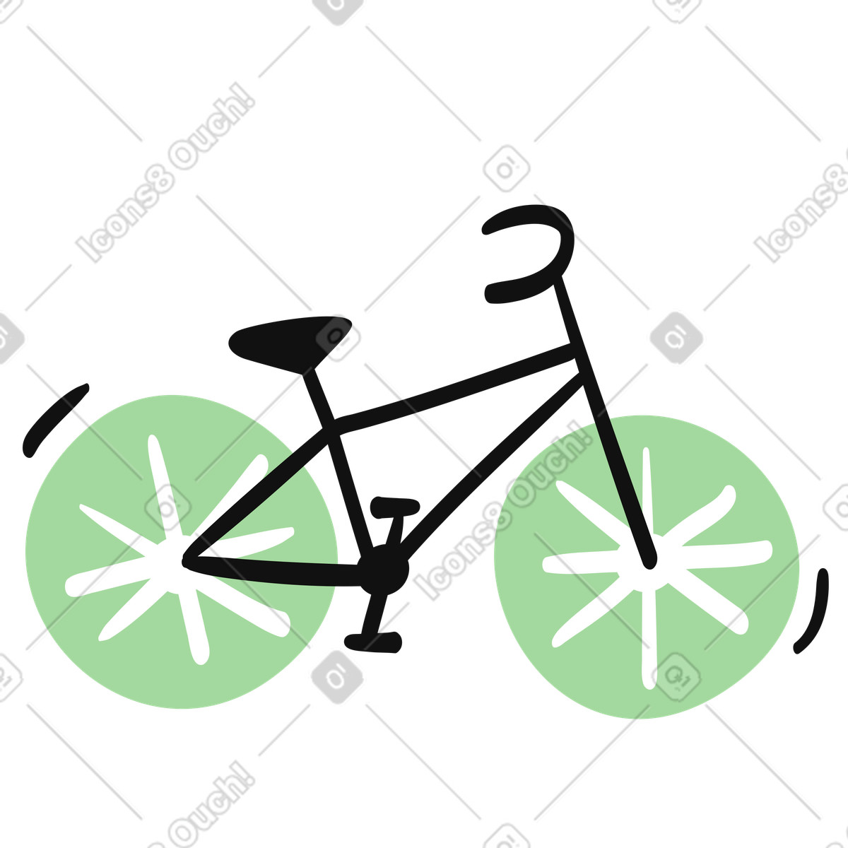 Bicycle outline with green wheels and simple minimalist frame drawing illustrazione in stile Organic scarica in PNG, SVG