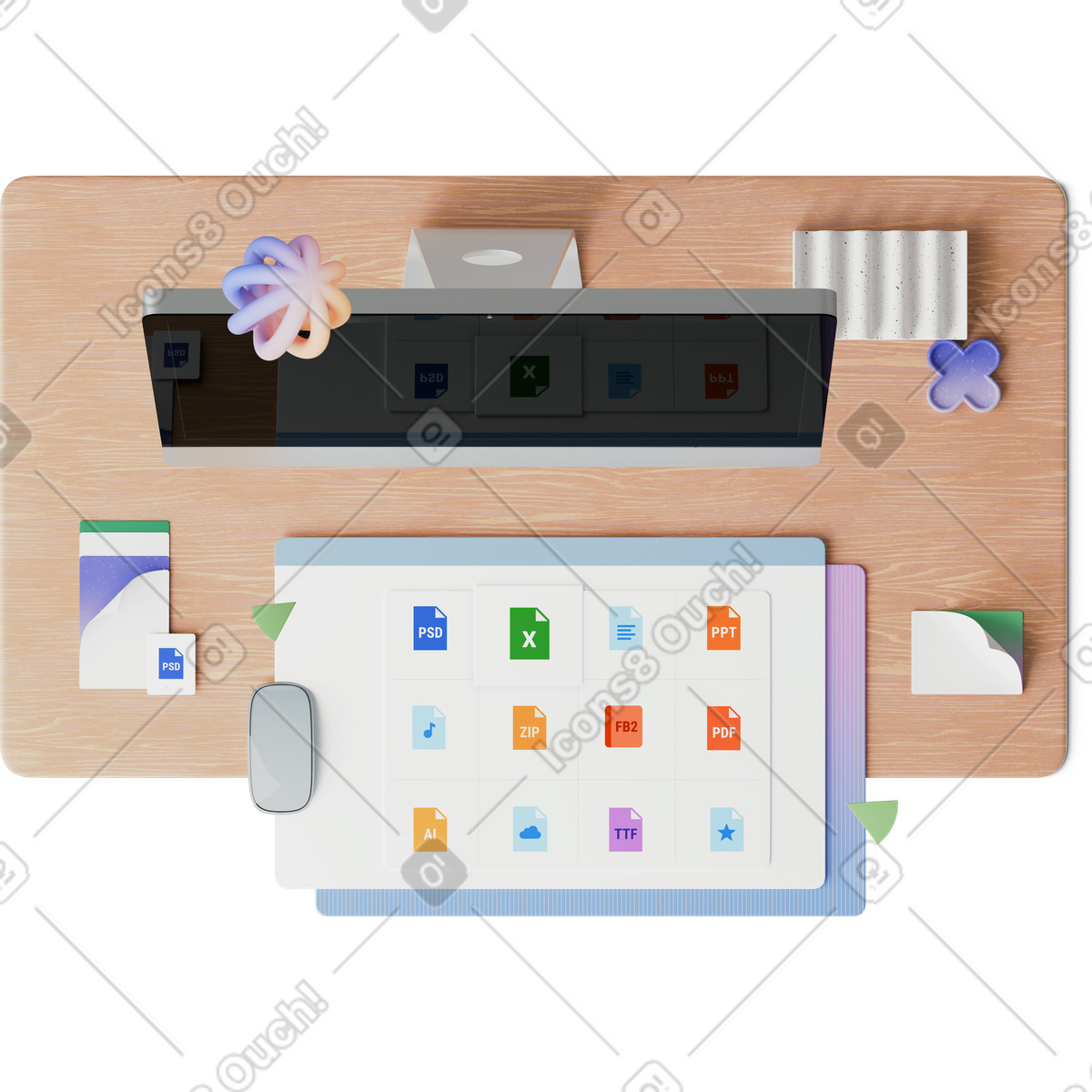 Top view of monitor and open windows illustrazione in stile 3D Hygge scarica in PNG, SVG
