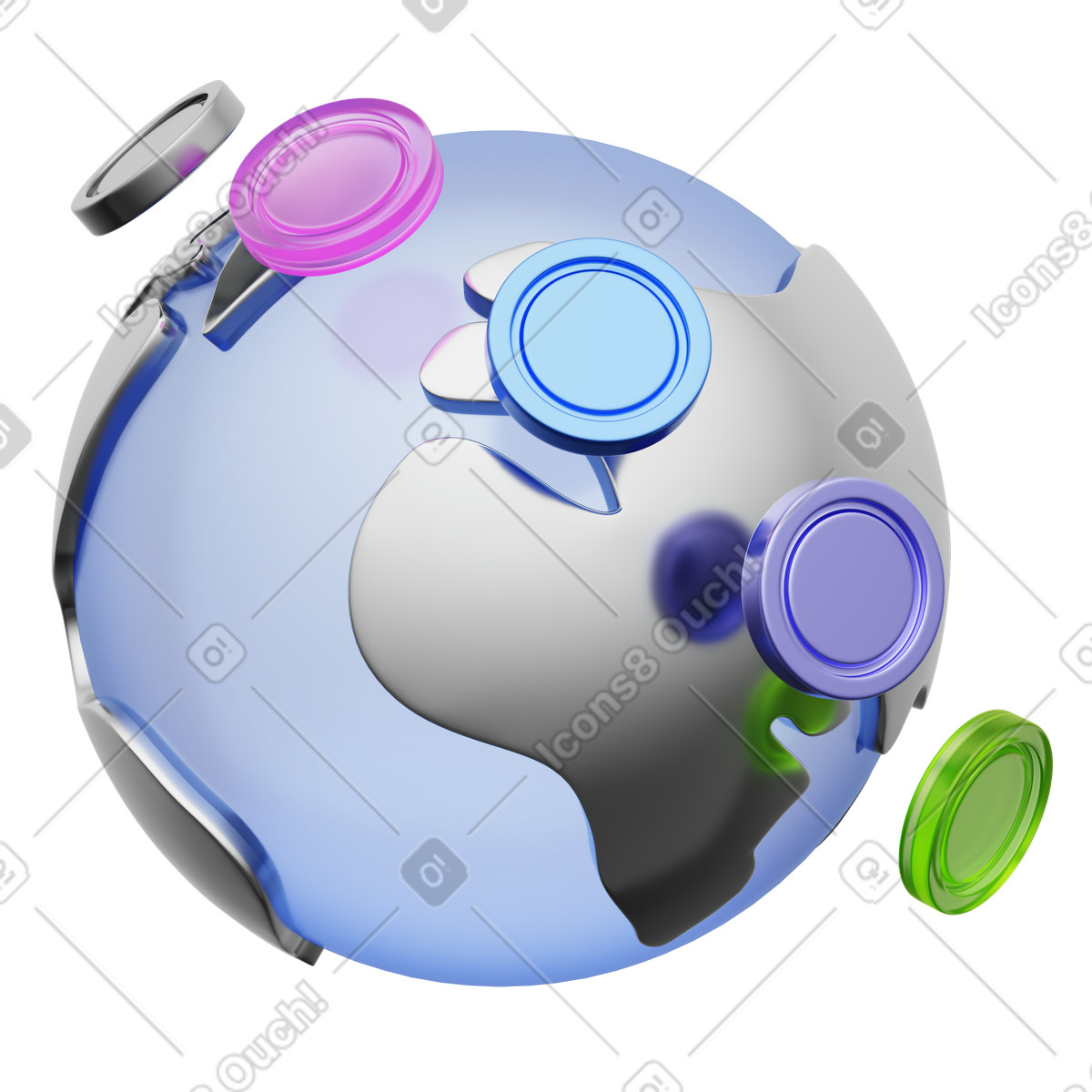 Global cryptocurrency network, World coin exchange, Digital finance globe illustration in 3D Playful style download in PNG, SVG