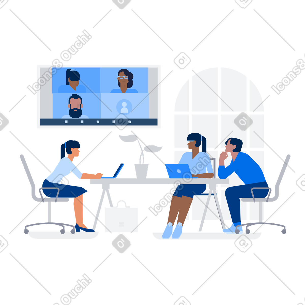 Team in office on video call with remote colleagues, Virtual business meeting-Illustration im Urban-Stil als Download PNG, SVG