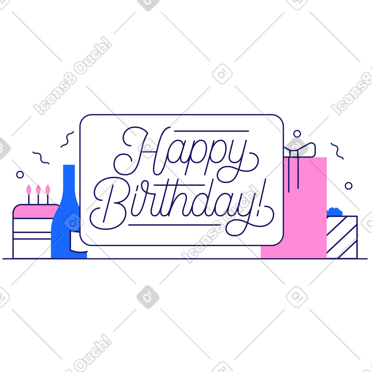 Lettering happy birthday con regali e testo di torta illustrazione in stile Matey scarica in PNG, SVG