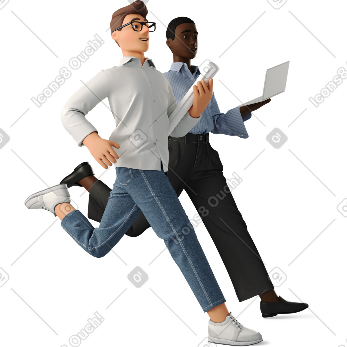 Two professionals running with laptop and documents, teamwork office rush illustration in 3D Business style download in PNG, SVG