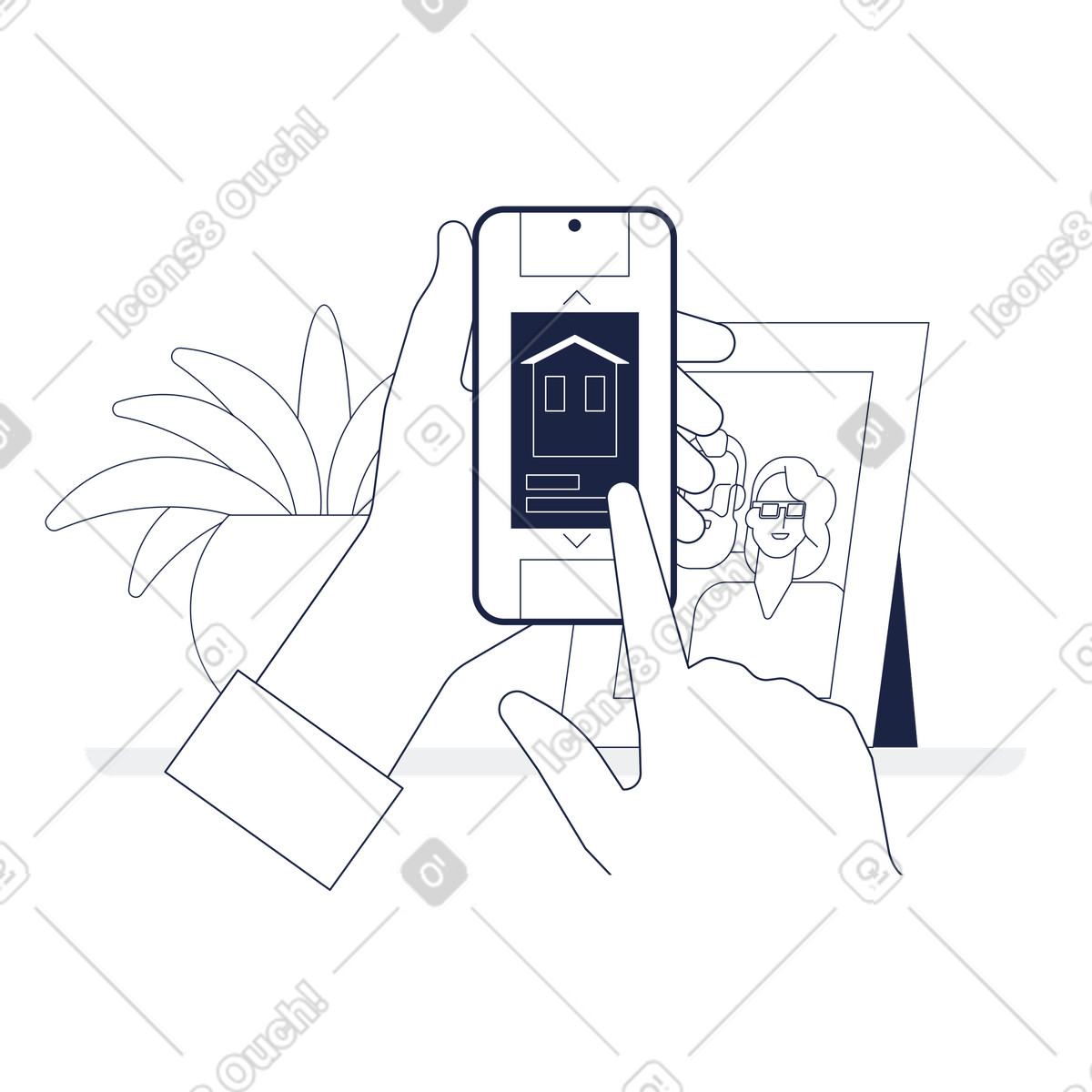 Ilustração de Property hunting via smartphone, Real estate and mobile technology em no estilo Urban Line para baixar em PNG, SVG