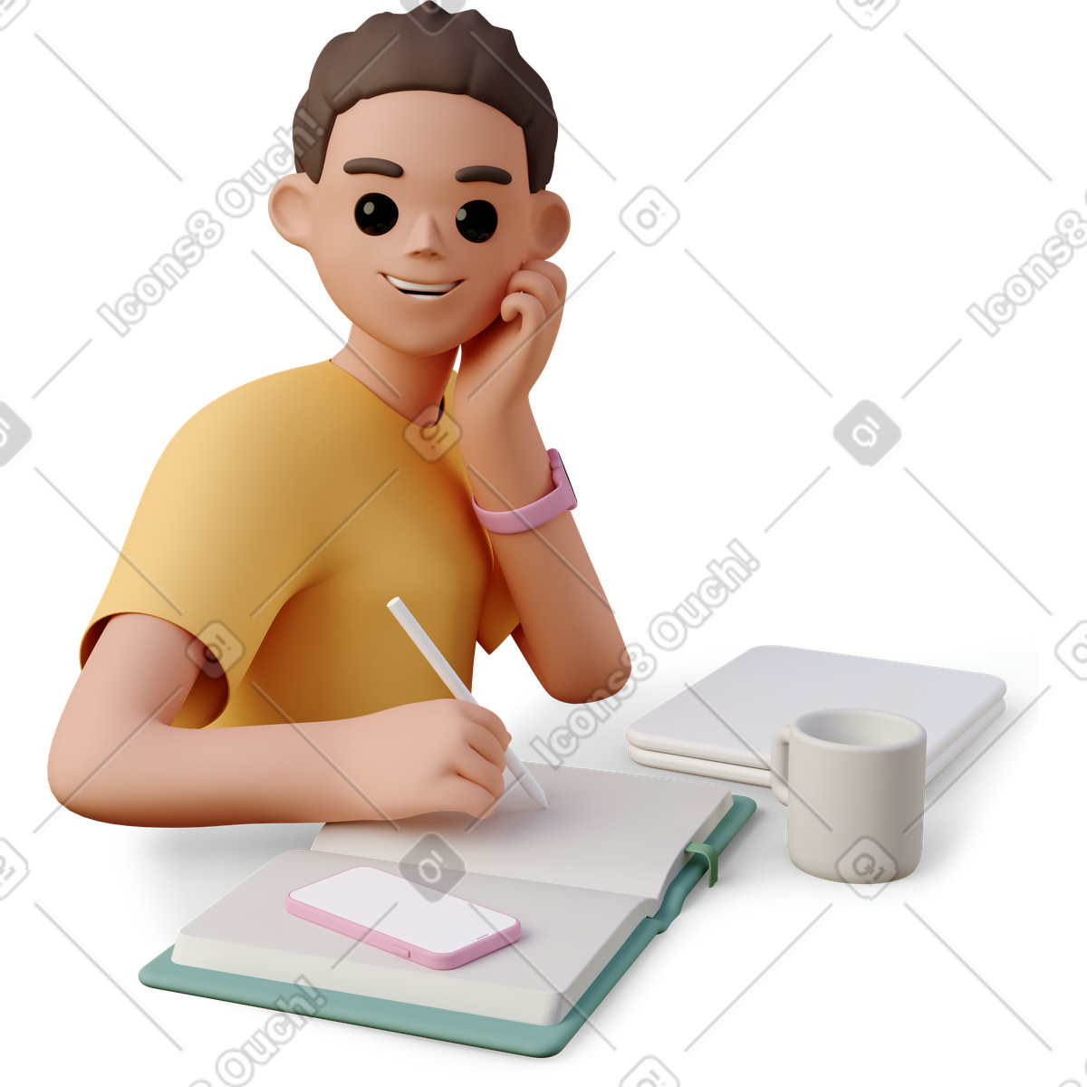 Young woman writing in a notebook illustration 3D Casual life style download PNG, SVG