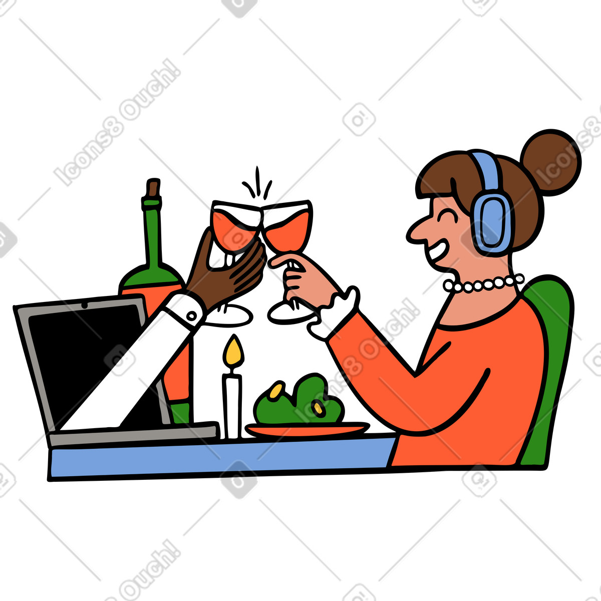Woman on video call date eating and drinking wine illustration in Comic style download in PNG, SVG