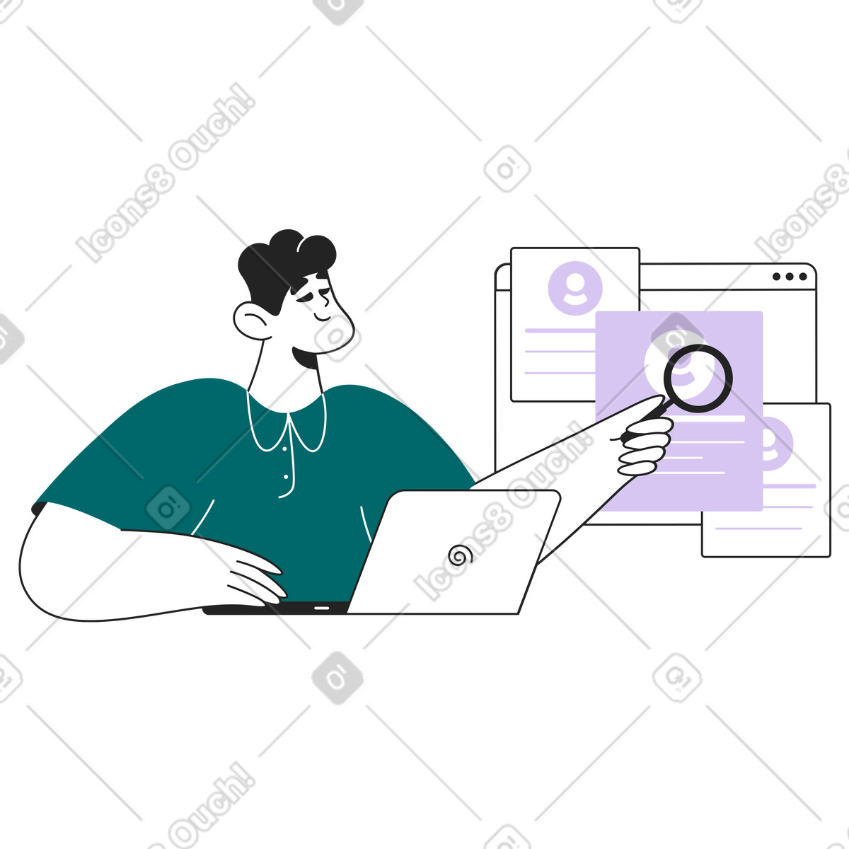 Ilustração de Recruiter analyzing candidate resumes, Online hiring workflow em no estilo Sammy Line para baixar em PNG, SVG