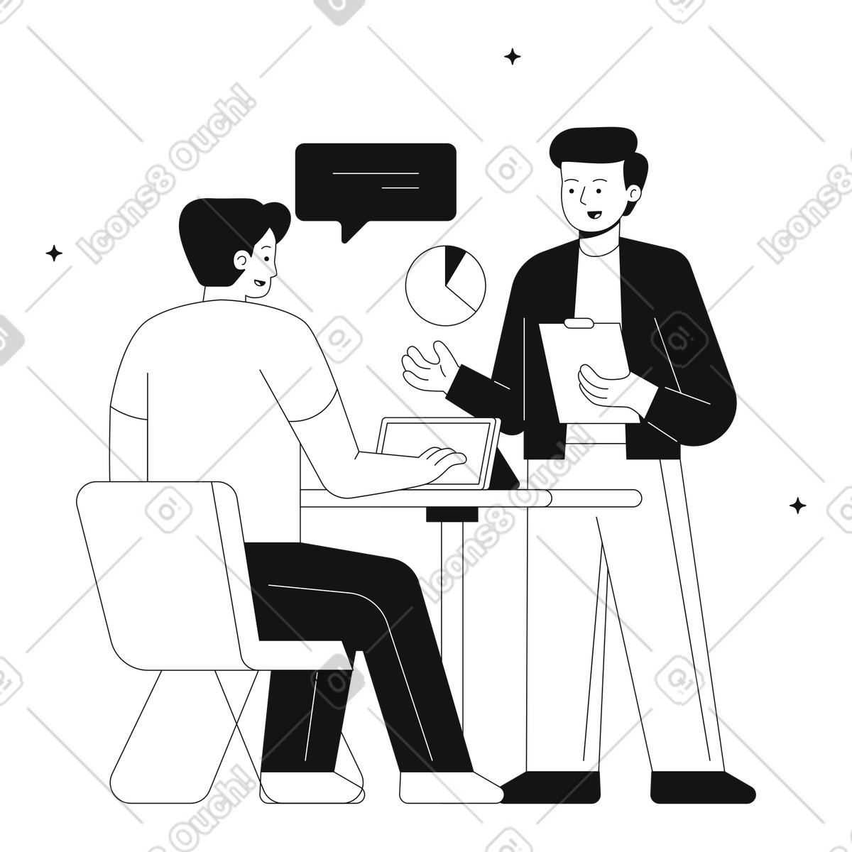 Men discuss design teamwork illustration in Teams style download in PNG, SVG