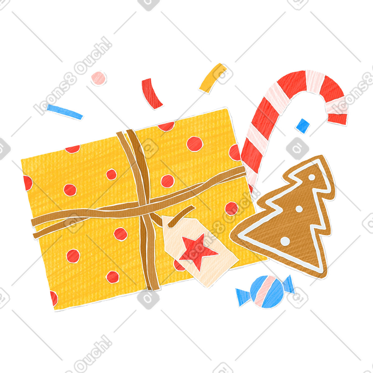 Illustration Yellow holiday gift box with christmas candy dans le style Crafty à télécharger aux formats PNG, SVG