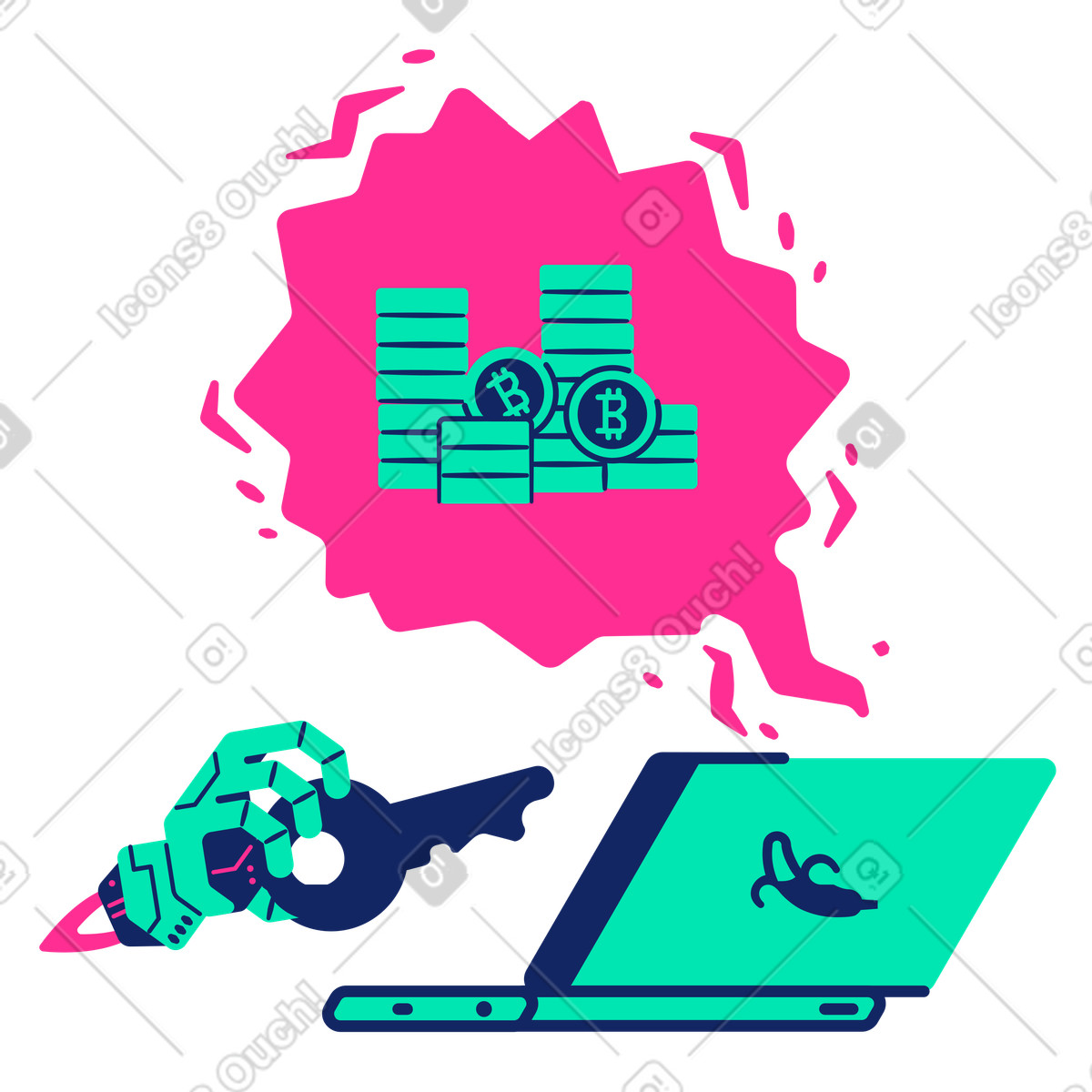 Hacking a laptop to steal cryptocurrency illustration in PNG, SVG