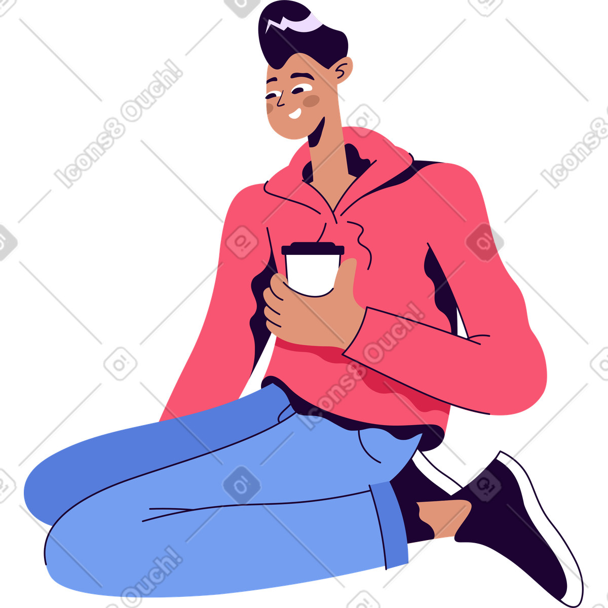 Ilustración Hombre sentado de rodillas con un vaso café en estilo Martina a descargar en PNG y SVG