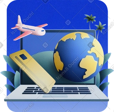 Ordinateur portable avec globe-trotter et carte de crédit, réservation de vol en ligne et planification de voyage PNG, SVG