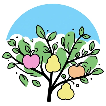 Branches of a tree are laden with ripe, colorful fruit, such as red apples, yellow pears, and orange peaches. The leaves of the tree are lush and green, providing a vibrant backdrop. Above, the sky is clear and blue, with no clouds in sight, creating a bright and sunny atmosphere. The sunlight casts soft shadows on the fruit, highlighting their shiny surfaces.