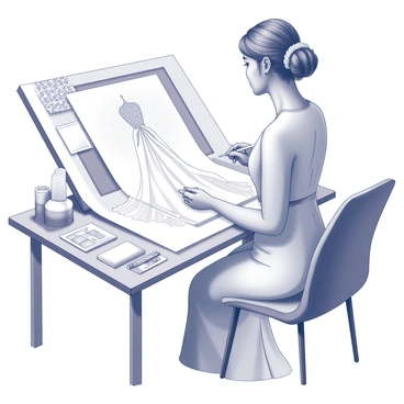 A bridal designer seated at a large drafting table, focused on sketching. The designer is holding a pencil, with a detailed illustration of a wedding dress on the paper in front of them. The dress features intricate lace details, which include delicate floral patterns and scalloped edges. Surrounding the designer are various fabric swatches, lace samples, and fashion design tools. The workspace is organized yet filled with creative elements, reflecting the designer's artistic process.