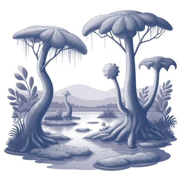 A murky prehistoric swamp filled with oversized plants. The swamp features thick, twisted tree trunks with gnarled roots emerging from the dark, stagnant water. Large, broad leaves with intricate textures create a canopy overhead, allowing dappled light to filter through. There are towering ferns and monstrous, flower-like structures that loom above the water's surface. Patches of moss and algae float on the water, and the ground is uneven with patches of soft, spongy soil. In the background, faint silhouettes of distant hills can be seen through the haze.