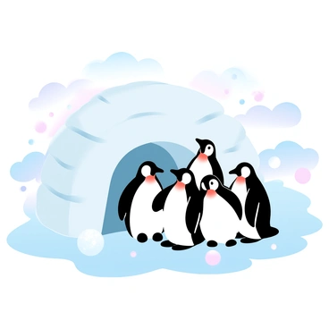 A group of penguins is sitting close together outside a large igloo made of packed snow. Some penguins are standing upright, while others are slightly huddled together, creating a cozy scene. The ground is covered in a thick layer of soft, white snow, and fluffy snowflakes are gently falling from the sky. In the background, there are gentle snow-covered hills and a pale blue sky with a soft gradient of pastel colors. A few snowballs are scattered around the penguins, adding to the playful atmosphere of the snowy afternoon.