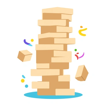A tall Jenga tower assembled with wooden blocks, showcasing a variety of colors from natural wood to light brown tones. The tower is being constructed on a flat, smooth surface, with the bottom layer featuring three blocks placed in a row. As the sequence progresses, the tower grows taller with each layer added, demonstrating careful balancing techniques. In the final frame, the tower starts to wobble dramatically before collapsing, sending the blocks scattering in all directions. The background features a cheerful setting with vibrant colors to enhance the playful atmosphere.