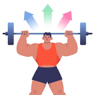 A strongman with a muscular build and tan skin is lifting a heavy barbell above his head. He has short black hair and is wearing a tight-fitting red tank top and black shorts. His facial expression shows determination as he exerts effort. Above his head, there are large, bold arrows indicating the direction of muscle force directed upwards, and another set of arrows showing the force of gravity directed downwards. The background is a subtle gradient that enhances the focus on the strongman and the dynamic action of weightlifting.