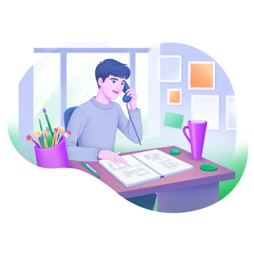 An illustrator sitting at a wooden desk engaged in a phone call with a client. The illustrator is a young person with short hair, wearing a cozy sweater. They have a sketchbook open in front of them, displaying rough pencil drawings. Scattered around the desk are various art supplies, including colored pencils, paint tubes, and brushes. A tall mug filled with brushes stands on one side of the desk. In the background, a large window lets in natural light, casting soft shadows on the scene. A few framed artworks hang on the wall, adding a creative atmosphere.