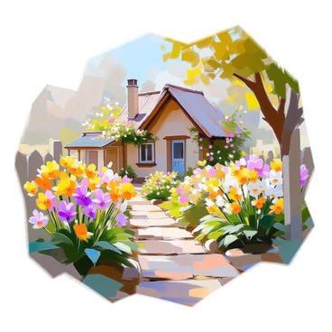 A quaint cottage garden filled with an abundance of "freesia flowers in full bloom." The garden features vibrant "yellow," "purple," and "white" freesias creating a colorful display. Surrounding the flowers are lush green leaves and a variety of other plants, adding to the garden's richness. A small, rustic wooden fence encircles the garden, and a cobblestone path leads through the floral landscape, inviting viewers to explore. In the background, there is a cozy cottage with a thatched roof, nestled among climbing vines and additional flowering plants. The sunlight casts a gentle glow over the scene, enhancing the beauty of the blooms.