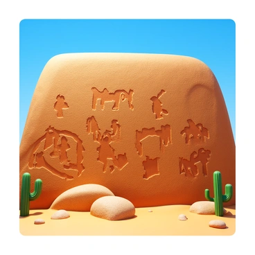 Petroglyphs intricately carved into a rugged rock wall, depicting scenes of ancient desert cultures. The carvings illustrate figures engaged in various activities, such as hunting and dancing. The rock surface is weathered and textured, showcasing the natural colors of the stone. The surrounding environment features sparse desert vegetation, with a clear blue sky above. The sunlight creates shadows that accentuate the depth of the carvings.