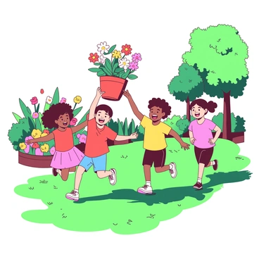 A group of children is participating in a relay race in a vibrant garden. The children are joyful, running energetically on a green grassy path surrounded by colorful flowers and plants. Each child is wearing a different bright outfit, showcasing an array of cheerful colors. One child is in the process of passing a flower pot, which is filled with bright blooming flowers, to a teammate. The flower pot is held high, and the receiving child is eagerly reaching out to take it, showcasing excitement and determination. In the background, there are trees casting playful shadows on the ground, adding to the lively atmosphere of the garden race.
