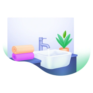 A minimalist bathroom featuring a "spotless white sink" with a sleek faucet reflecting light. To the side, there are "fluffy towels" neatly arranged in soft pastel colors, creating a calming effect. A "serene green plant" is placed on the counter, its leaves vibrant and fresh, adding a touch of nature to the space. The walls are a soft neutral color, enhancing the minimalist atmosphere.