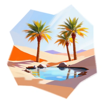 A desert oasis featuring a small, clear water pond at its center, surrounded by soft, golden sand dunes. Tall, lush palm trees with green fronds are scattered around the oasis, their reflections visible on the surface of the water. The sun casts gentle shadows on the dunes, creating a warm and inviting atmosphere. A few small rocks can be seen at the edge of the pond, adding to the natural setting.