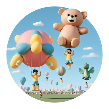 A vibrant festival scene with children happily flying in giant hot air balloons. The balloons are of various shapes, including a giant teddy bear, a colorful butterfly, and a bright dragon. Each balloon is adorned with multiple colors, such as red, blue, yellow, and green, creating a lively atmosphere. The children, wearing bright t-shirts and shorts, are holding onto the ropes of the balloons, some laughing and others with wide-eyed excitement. The sky is clear and blue, with a few fluffy white clouds scattered throughout. The ground is filled with colorful tents and families enjoying the festivities.