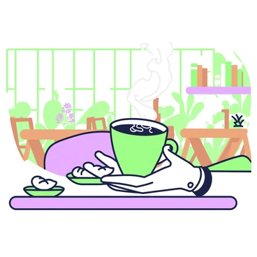 A hand is holding a steaming cup of coffee with intricate designs on the surface of the dark liquid. The hand is elegantly positioned, showcasing a delicate wrist adorned with a simple bracelet. The café features wooden tables and chairs, and in the background, there are shelves filled with books and small plants. Soft light filters in through large windows, creating a warm ambiance. On the table, a small plate holds a few pastries next to the cup of coffee.