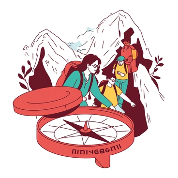 A red compass labeled "Integrity" is positioned at the forefront of the image, its needle firmly pointing north. Surrounding the compass, a team of four individuals is navigating through challenging, rocky terrain. The team consists of a woman with brown hair in a teal jacket, a man with glasses wearing a red backpack, a tall individual in a yellow shirt, and a person in a blue cap. They are focused on the compass, with expressions of determination as they move forward. In the background, there are steep cliffs and sparse vegetation, emphasizing the difficult journey towards their goal of success.