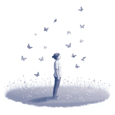A person standing in a vast field. The individual is centered in the image, wearing casual attire, with their arms relaxed at their sides. Surrounding them are numerous butterflies in various sizes, fluttering gently through the air. The butterflies are depicted in intricate detail, showcasing delicate wings as they swirl and dance around the person. The field is filled with tall grass and wildflowers, creating a natural, open environment. The scene conveys a sense of movement and tranquility.