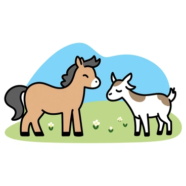 A small pony with a shiny, chestnut coat stands in a sunny pasture. The pony has a flowing mane and is looking playfully at a friendly goat. The goat, with white fur and brown patches, is playfully nudging the pony with its head. The pasture is filled with green grass and a few wildflowers dotting the landscape. In the background, a clear blue sky is visible, adding to the warm atmosphere of the scene.