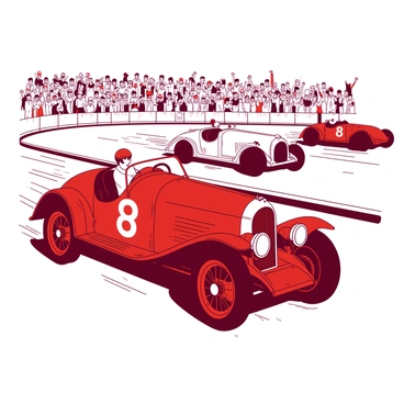 A red classic racing car is speeding around a track during a 1920s car race. The car features polished chrome details and a vintage racing number prominently displayed on the side. In the background, a crowd of spectators wearing period attire is cheering enthusiastically. There are also a few other racing cars in motion, showcasing various designs typical of the era, such as rounded hoods and large wheels. The atmosphere is electric, capturing the thrill of competition as the cars navigate sharp turns on the racetrack.