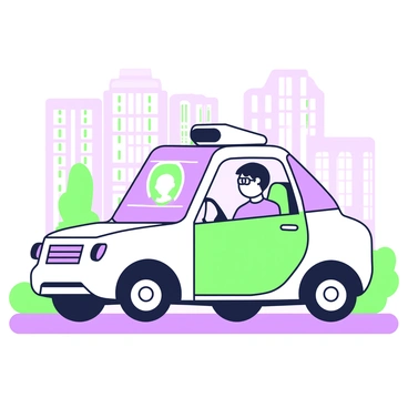 A self-driving car is parked on a modern street. The car has sleek contours and high-tech features, and it is equipped with various sensors along its exterior. Inside the car, a driver is sitting in the driver's seat, facing forward. The driver has a neutral expression, with short dark hair and wearing glasses. The car's dashboard displays a facial recognition interface that highlights the driver's face with green outlines and purple accents. Surrounding the car, there are tall buildings and a clear sky, providing a contemporary urban setting.