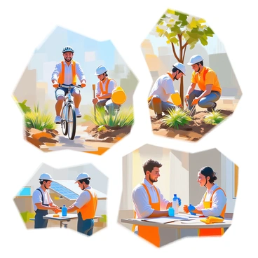 An illustration depicting a series of steps a company is taking to reduce carbon emissions. The first step shows an employee riding a bicycle, wearing a helmet and a light jacket, with a joyful expression as they commute to work. Next, there is a group of employees planting trees in a green area, equipped with gardening tools and smiling as they engage with nature. Another scene features a solar panel installation on the company roof, with workers securing panels and sunlight reflecting off the surfaces. A final step illustrates an office environment where employees are recycling paper and using reusable water bottles, showing their commitment to sustainability. Each scene is interconnected, emphasizing the company's efforts toward a greener future.