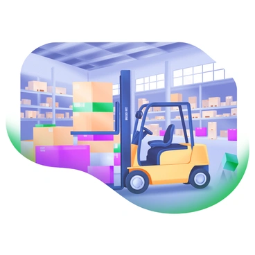 A modern pastel illustration depicting an "electric forklift" lifting "pallets" in a "large industrial warehouse". The forklift is painted in bright yellow, with detailed features such as the lifting mechanism and wheels clearly visible. The pallets are stacked with various items, showcasing boxes and crates in different colors. The warehouse has high ceilings, with rows of shelves filled with more pallets and goods. Light streams in from large windows, illuminating the scene and creating a sense of depth in the spacious environment.