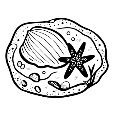 A conch shell resting beside a starfish on a textured rocky surface of a tide pool. The tide pool glistens with reflections of the surrounding environment. Several small pebbles and bits of seaweed are scattered around the shell and starfish, adding to the coastal scene. The water in the tide pool shows ripples, suggesting a gentle movement.