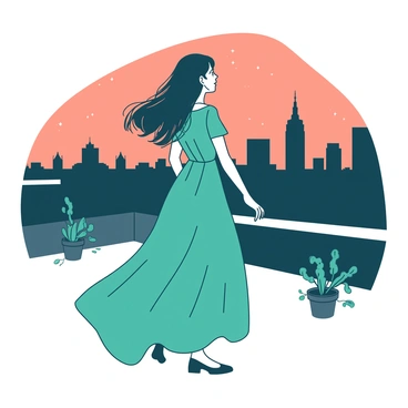 A woman with long dark hair is standing on a rooftop terrace, gazing out at the city skyline during dusk. She is wearing a flowing teal dress that gently sways in the evening breeze. The terrace has a low white railing with potted plants scattered around, adding greenery to the scene. In the background, the silhouettes of tall buildings are visible against a fading orange sky, with the first stars beginning to twinkle above. The woman appears contemplative, lost in the beauty of the moment.